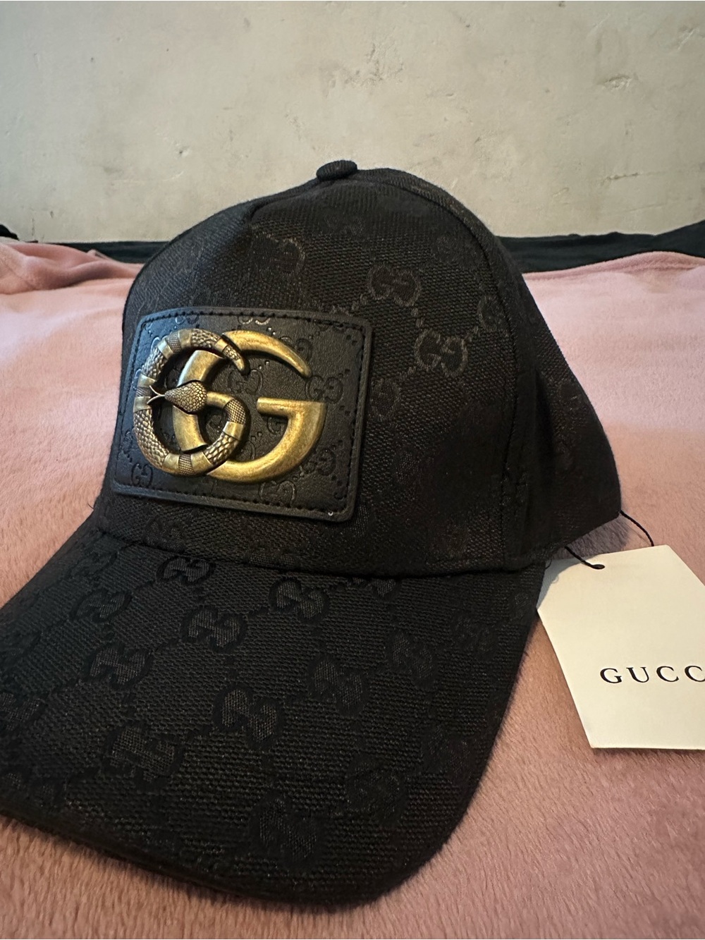 Gucci Black GG Canvas Baseball Cap with Gold Double G Snake Plaque